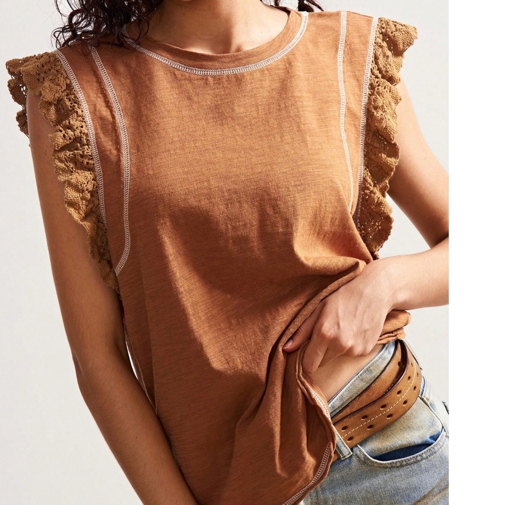 Rust Orange Lace Ruffle Cap Sleeve Top - Picture 2 of 6